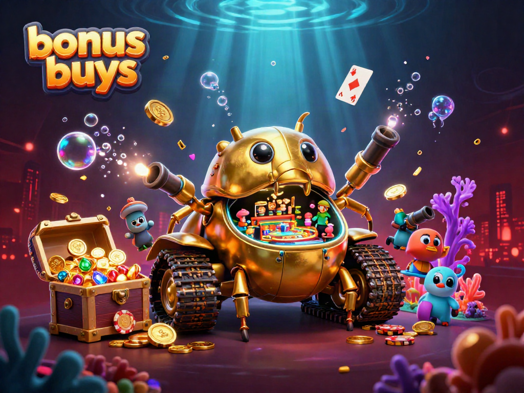 Experience the excitement of bonus buys with a vivid 3D casino illustration featuring vibrant characters and effects.