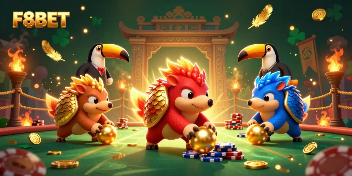 F8BET showcases rival pangolins rolling golden balls, surrounded by poker chips and game elements in a dynamic casino scene.