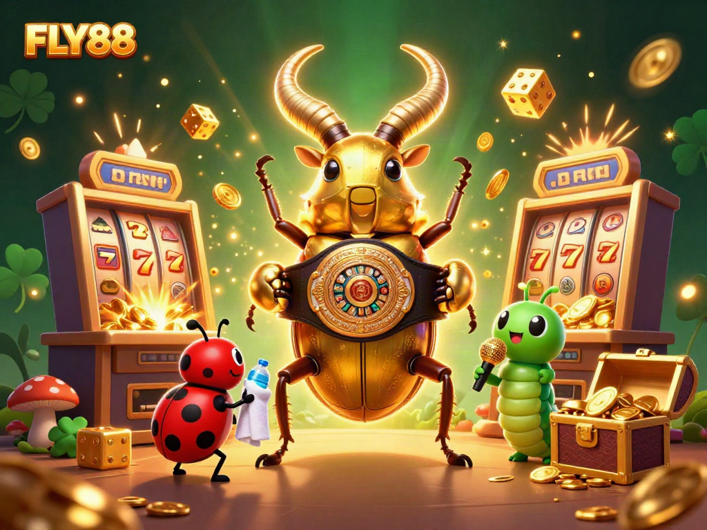 FLY88 showcases a golden stag beetle boxing with dynamic casino elements, inviting excitement.