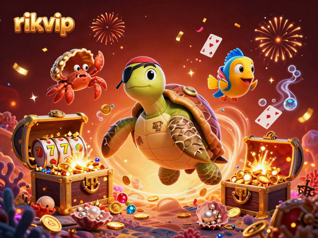 Experience the excitement of rikvip with a dynamic casino-themed scene featuring a pirate turtle and treasure.