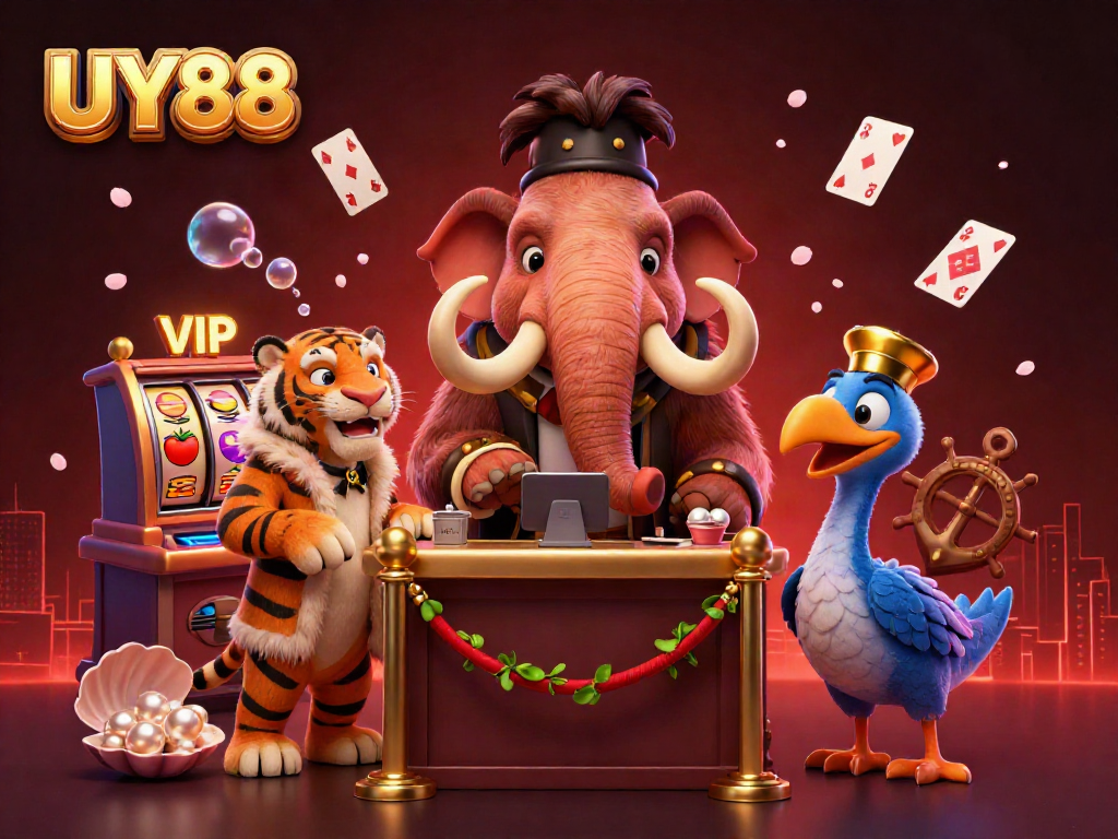 Engage with UY88 in an action-packed casino scene featuring unique characters and vibrant game elements.