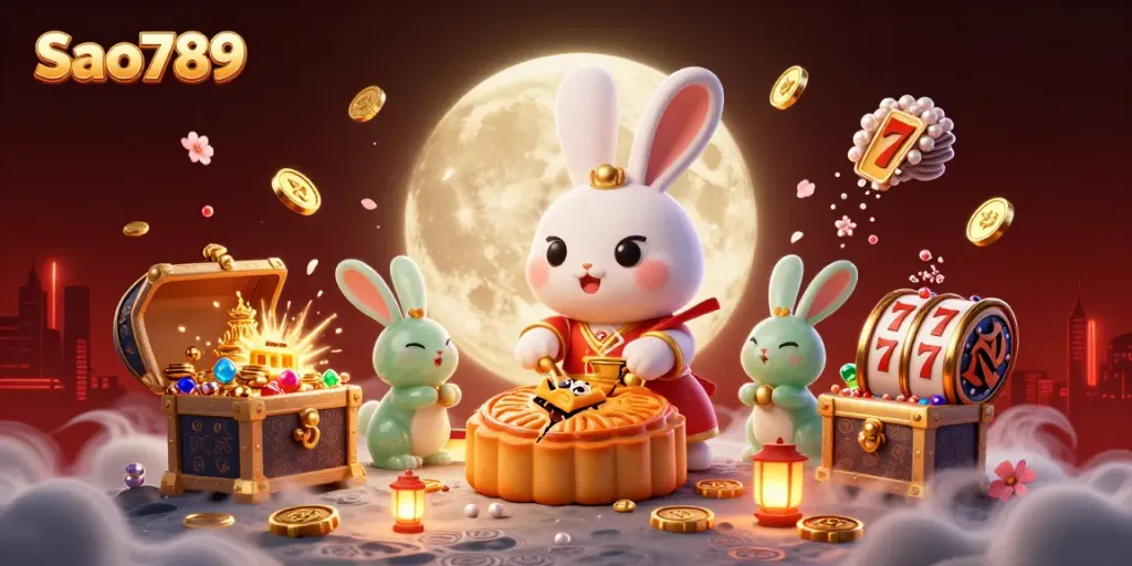 Sao789 showcases a vibrant 3D illustration with a moon rabbit in a casino-themed lunar setting, emphasizing rich game elements.