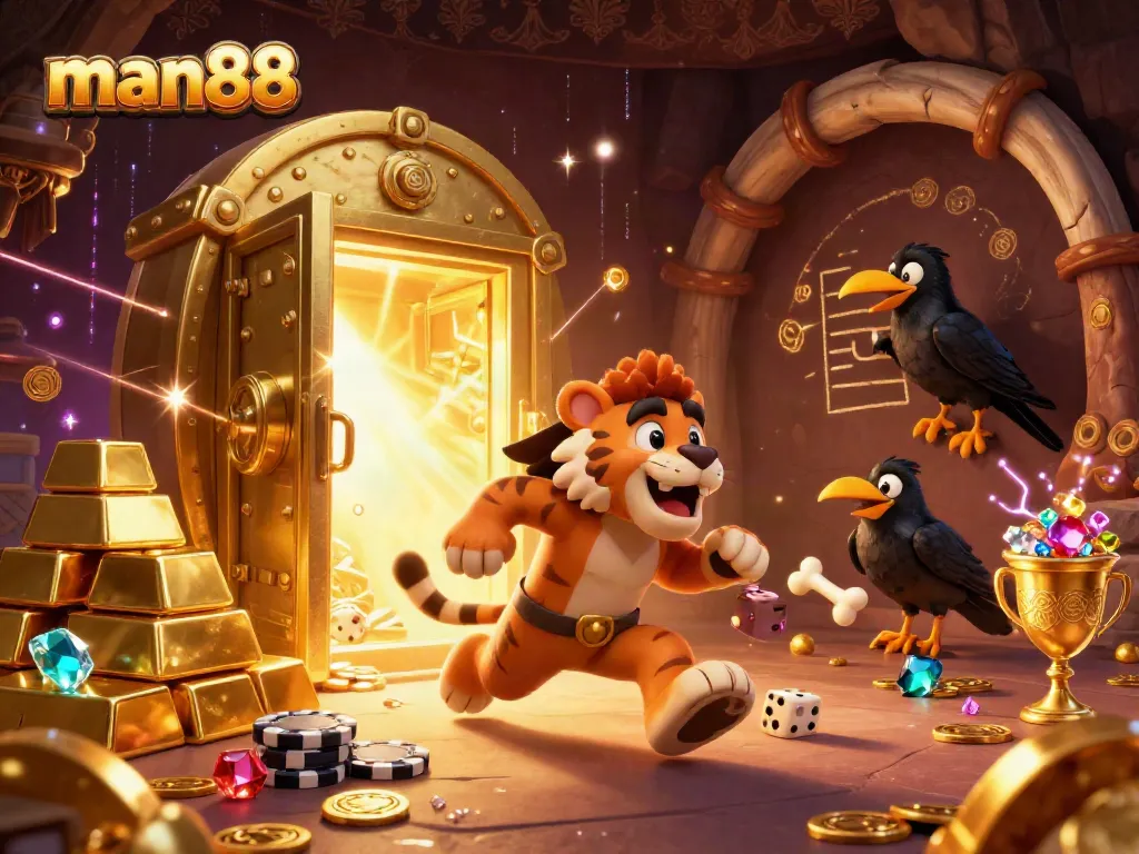 Experience the thrill at man88 with our dynamic prehistoric casino scene featuring unique characters and treasure.