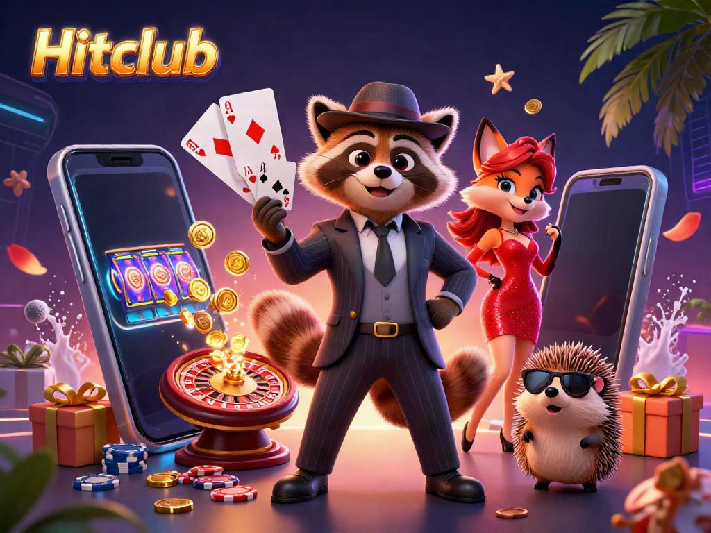 Hitclub players winning with a dynamic 3D casino scene featuring characters, slot games, and poker elements.