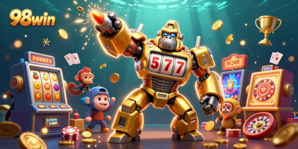 Experience wins at 98win with an exciting golden gorilla mech surrounded by dynamic casino elements.