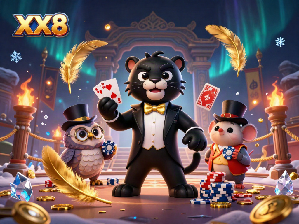 Experience the excitement of XX8 with a stylish panther dealer, an owl, and a lucky mouse at a vibrant casino scene.