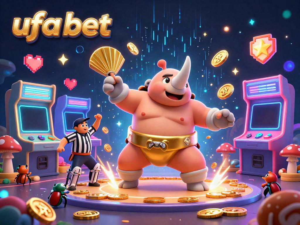 A dynamic scene of a rhinoceros beetle sumo champion celebrating with coins, representing ufa bet excitement in online gambling.