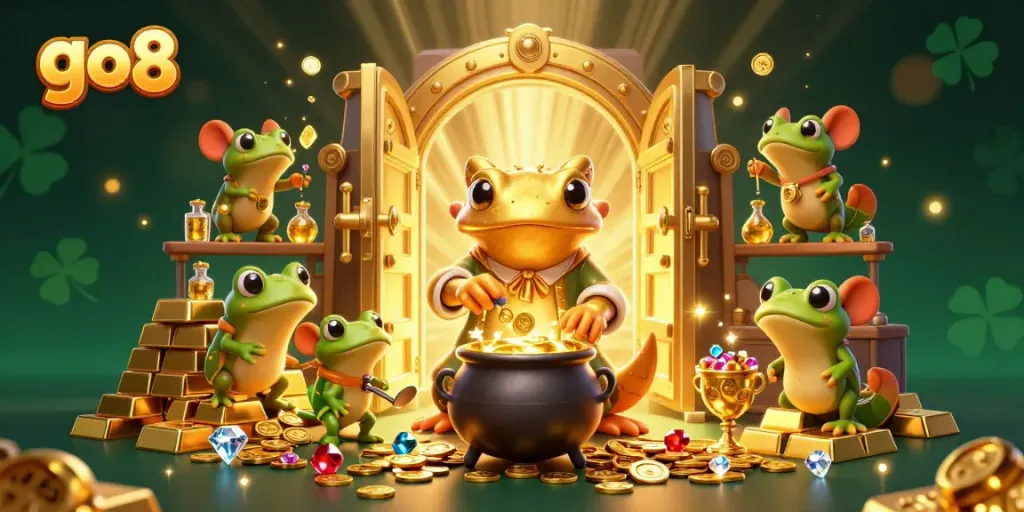 Engage with the vibrant 3D scene showcasing go8 characters creating fortune in a whimsical casino setting.