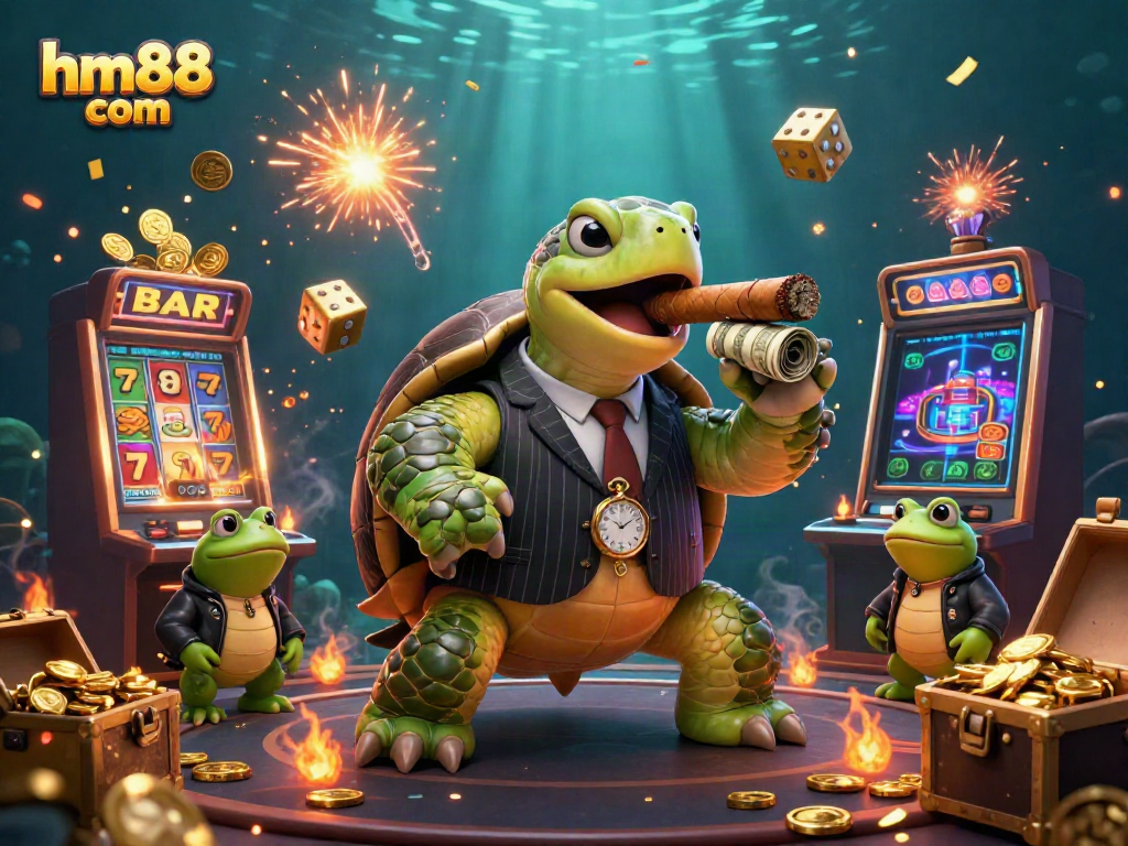 Experience the thrill of hm88 com with a 3D turtle mobster flanked by bullfrog enforcers, casino elements bursting around them.