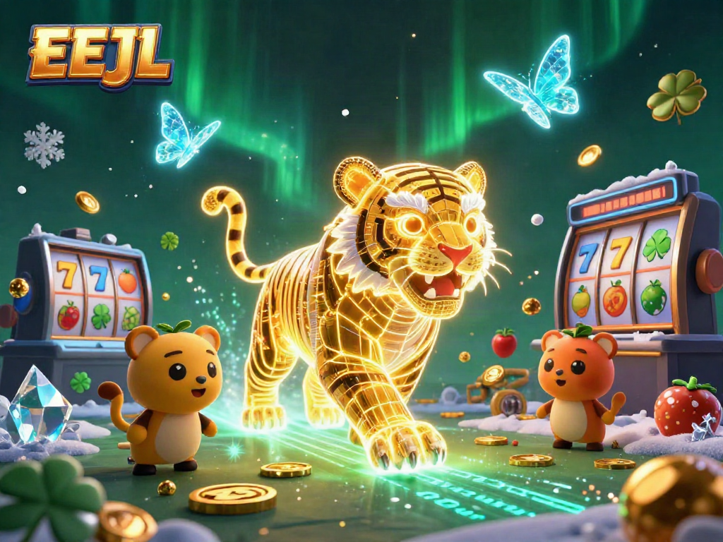 Activate winning chances with EEJL's vibrant digital casino scene featuring a neon tiger.