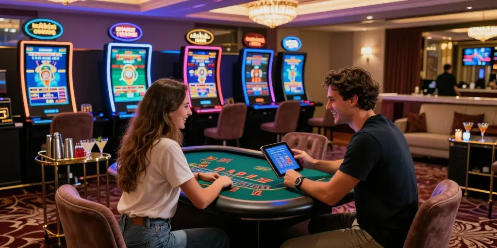 Couple enjoying usa online casinos real money in luxurious gaming lounge with vibrant lights and modern decor.