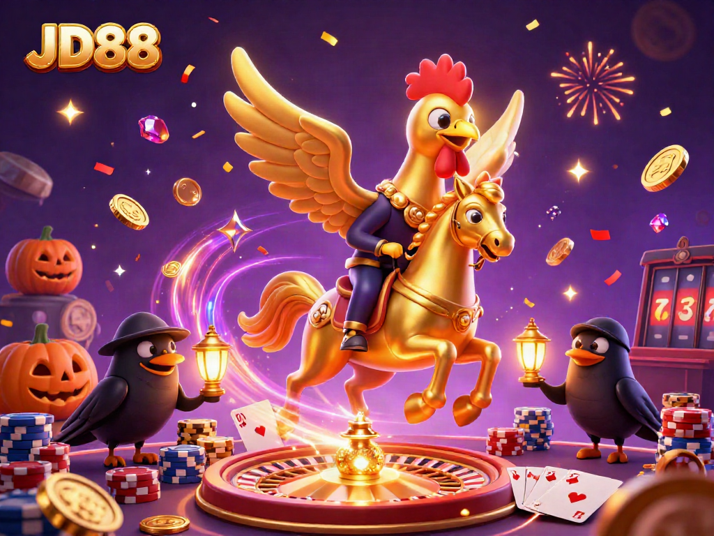 Experience JD88's thrilling casino adventure with golden rooster and magical elements.