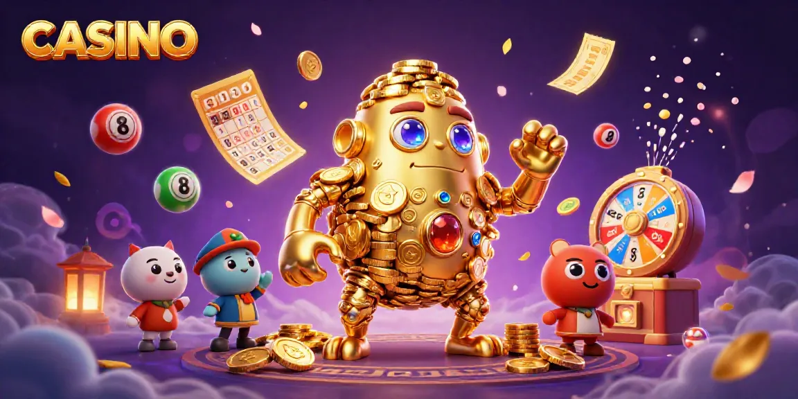Engage in thrilling casino adventures with a golden golem surrounded by vibrant lottery elements.