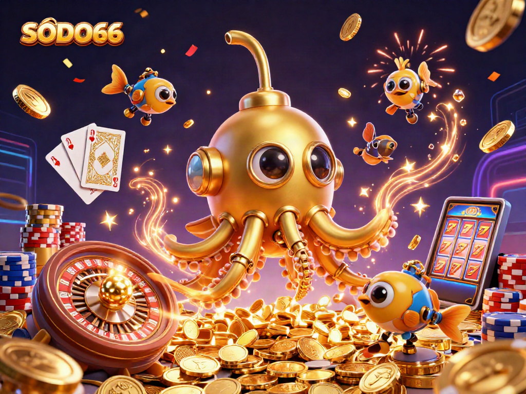 SODO66 immerses players in a vibrant casino world featuring a golden kraken submarine amidst dazzling game elements.