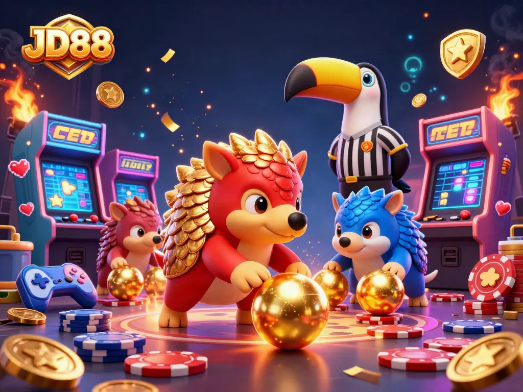 Witness JD88's rival pangolins competing in a dazzling casino game loaded with vibrant arcade elements and lively atmosphere.