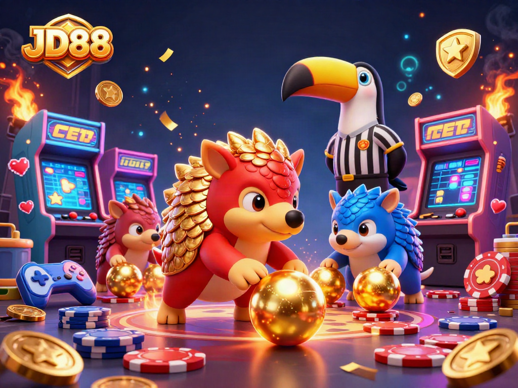Witness JD88's rival pangolins competing in a dazzling casino game loaded with vibrant arcade elements and lively atmosphere.