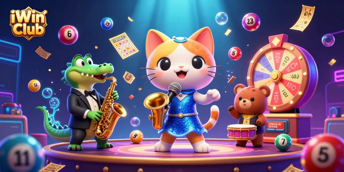 Experience the lively atmosphere of iWin Club with a colorful casino scene featuring cartoon characters and dynamic elements.