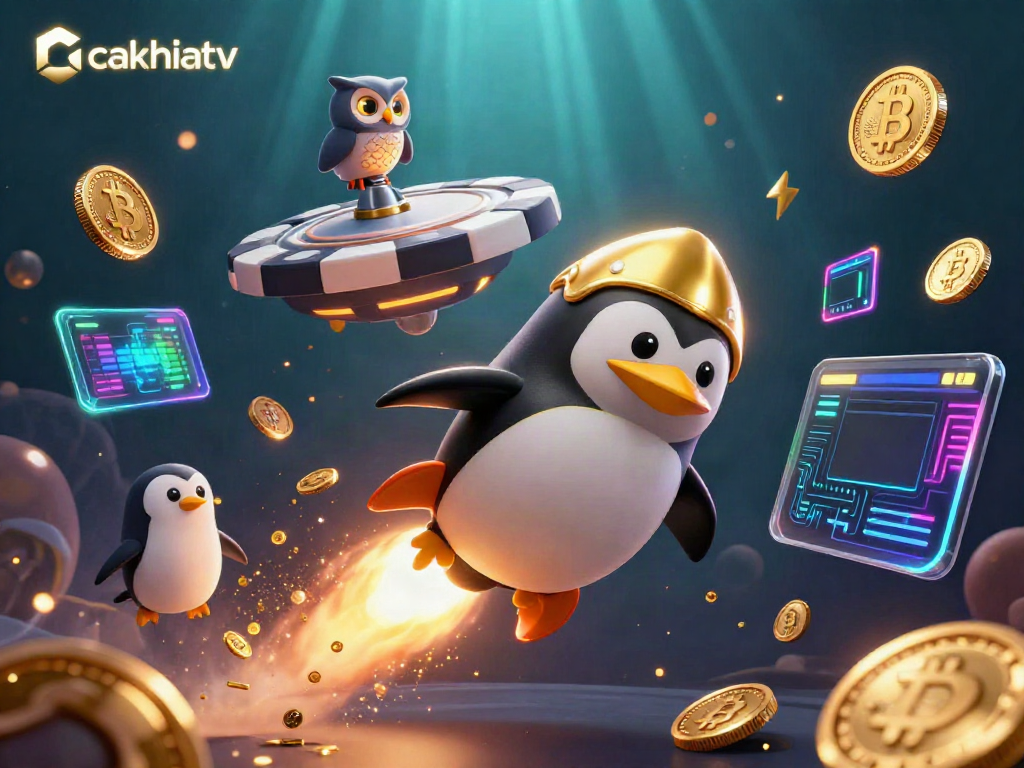 Experience thrilling moments with cakhiatv as the golden penguin zips past a casino chip space station.