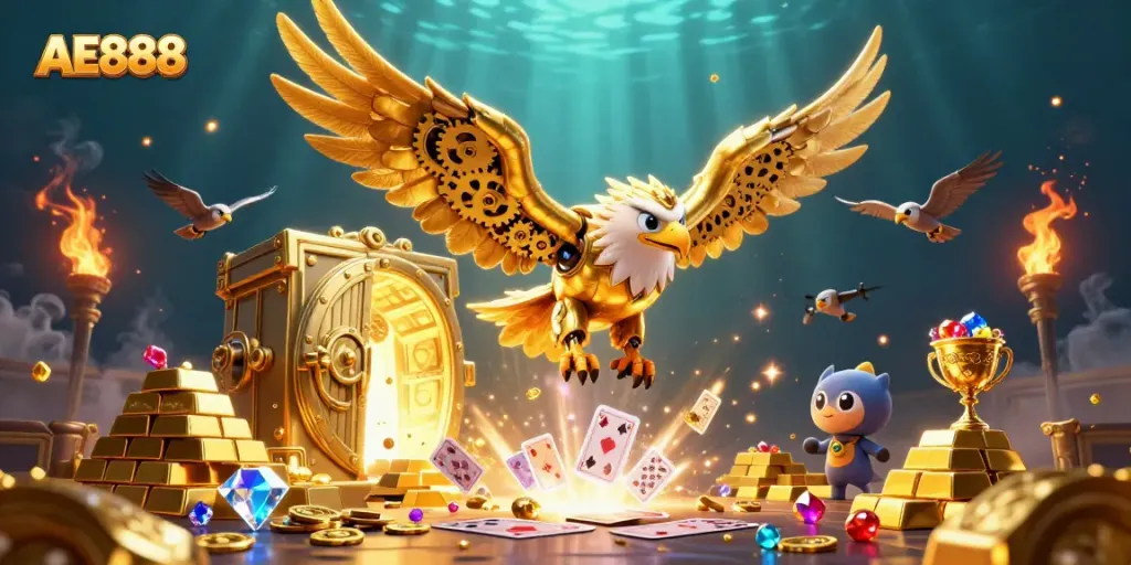 Engage with the vibrant AE888 casino experience featuring a cybernetic eagle amidst flying cards and treasures.