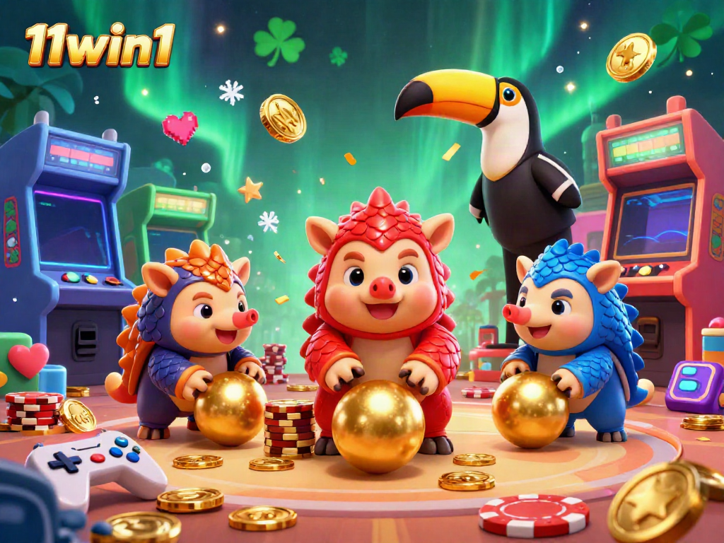 Engage in thrilling gaming action with cartoon pangolins and casino elements, embodying 11win1 experience.