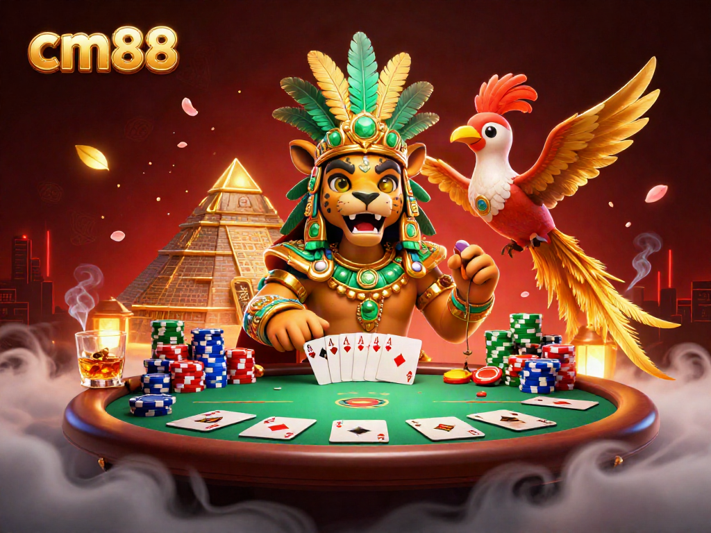 cm88 engaging players with a vibrant 3D depiction of a Mayan casino scene featuring a jaguar priest and poker elements.
