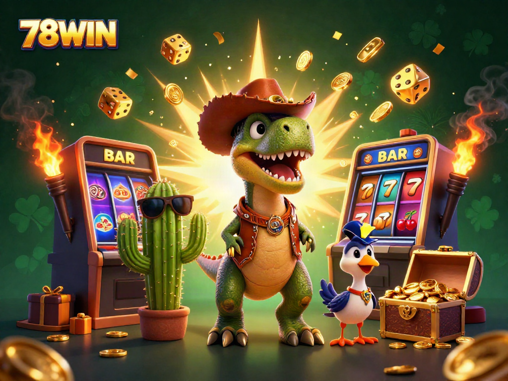 Experience big wins with 78WIN as the cowboy dinosaur and friends celebrate jackpots in a vibrant casino scene.