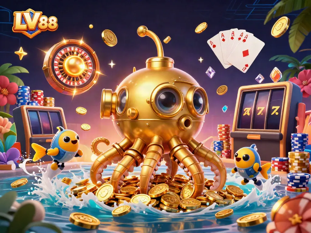 Engage with LV 88 through thrilling casino adventures surrounded by a golden kraken submarine and mechanical fish.