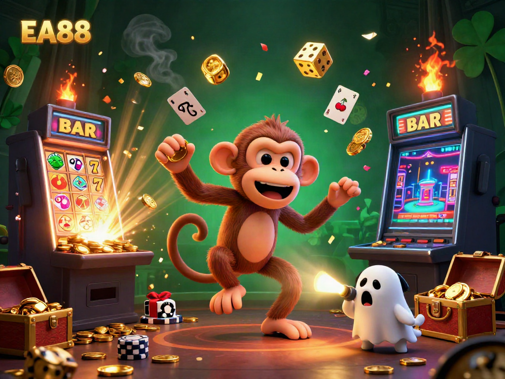 Experience gaming thrills with EA88, featuring a mischievous poltergeist monkey and ghost-hunter puppy juggling coins in a casino.