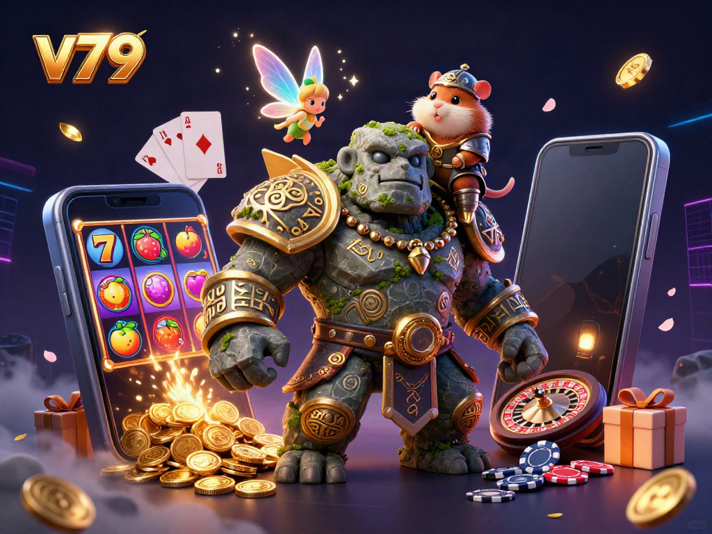 Experience the excitement of v79 with a vibrant 3D golem, fairy, and hamster knight among slot machine elements.