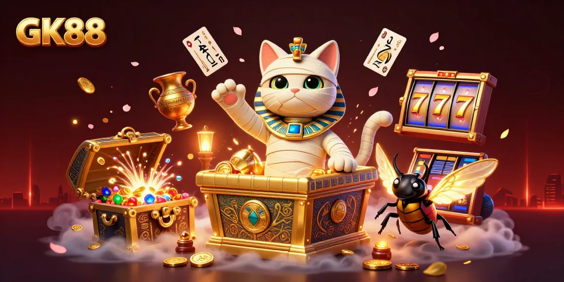 Engage in thrilling gameplay with GK88, featuring a vibrant cartoon scene of a mummy cat and scarab in a casino.