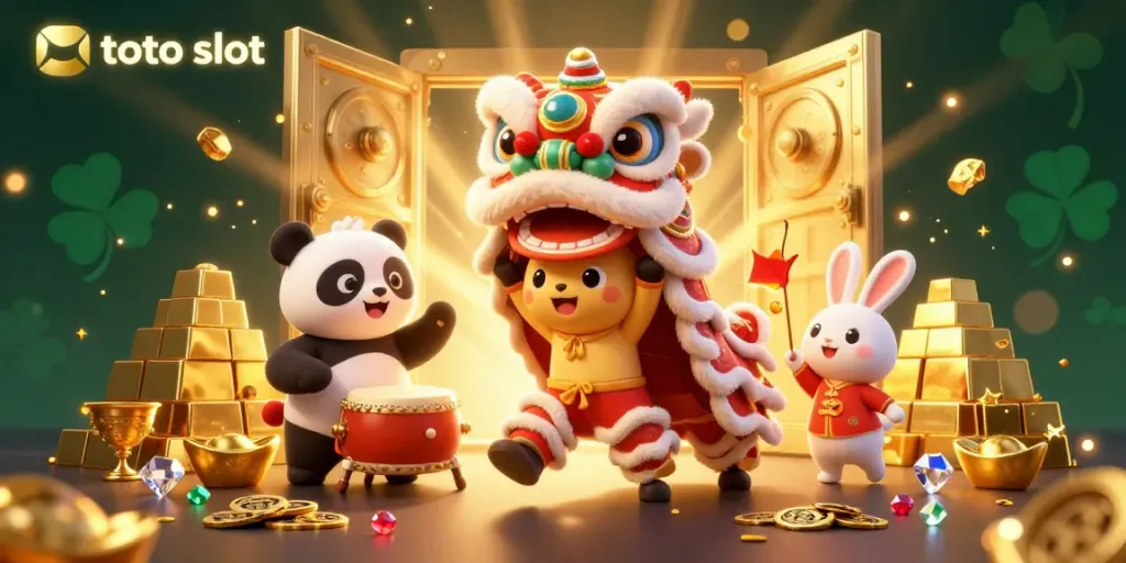 Experience the thrill of toto slot with a vibrant 3D illustration featuring a lion dance and festive symbols of luck.