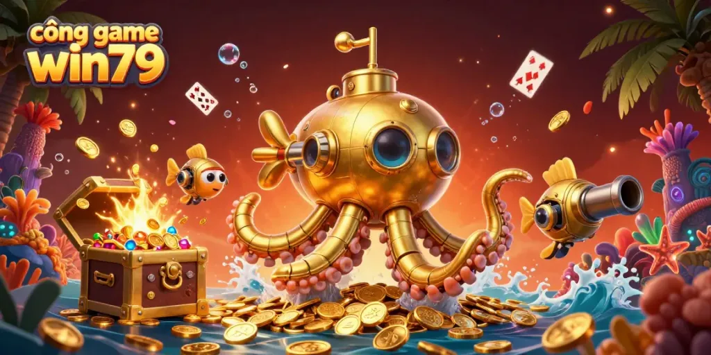 Engage with cổng game win79, featuring a golden kraken submarine and aquatic treasures in a dynamic gaming illustration.