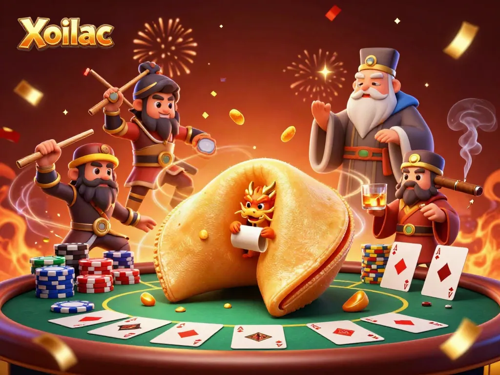 Experience Xoilac's thrilling gaming atmosphere featuring a golden fortune cookie and poker elements.