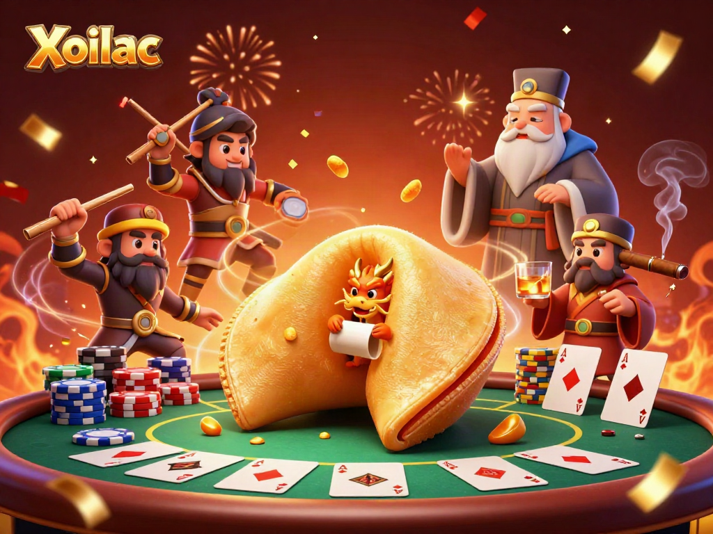 Experience Xoilac's thrilling gaming atmosphere featuring a golden fortune cookie and poker elements.