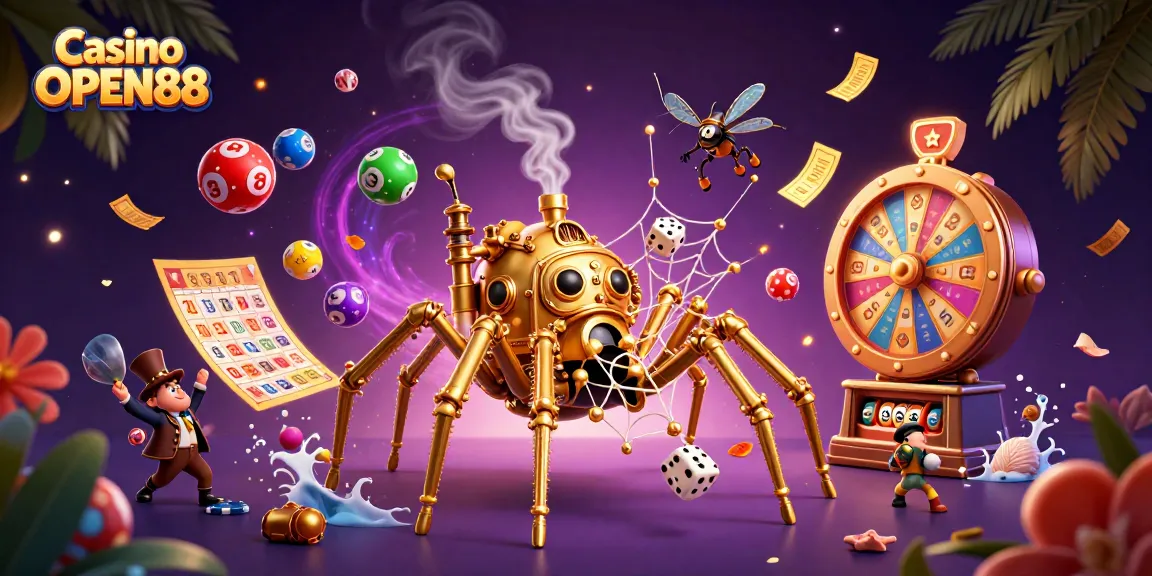 Experience Casino OPEN88 with a dynamic, vibrant 3D illustration full of game elements and excitement.