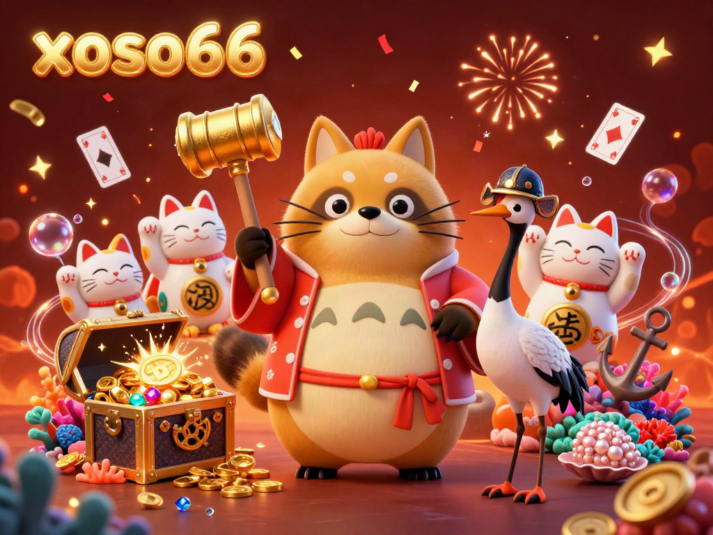 Engage with the vibrant xoso66 casino scene featuring fortune symbols and joyful characters.