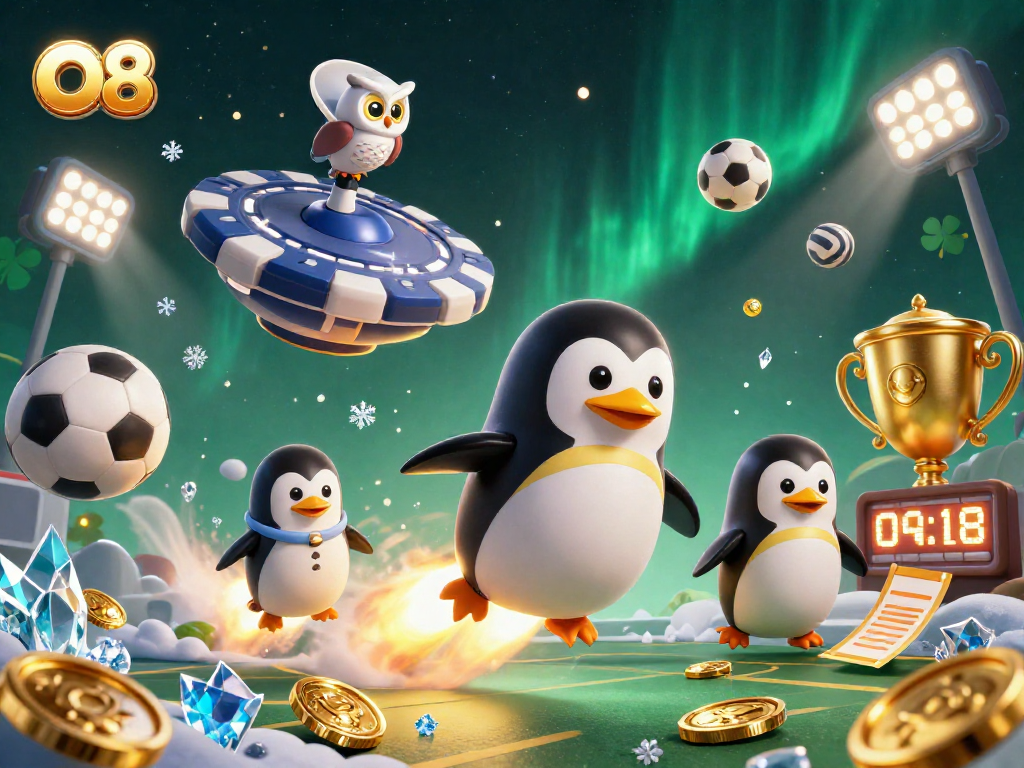 O8 features a golden penguin blasting through space towards a casino chip, surrounded by sports elements and dynamic graphics.