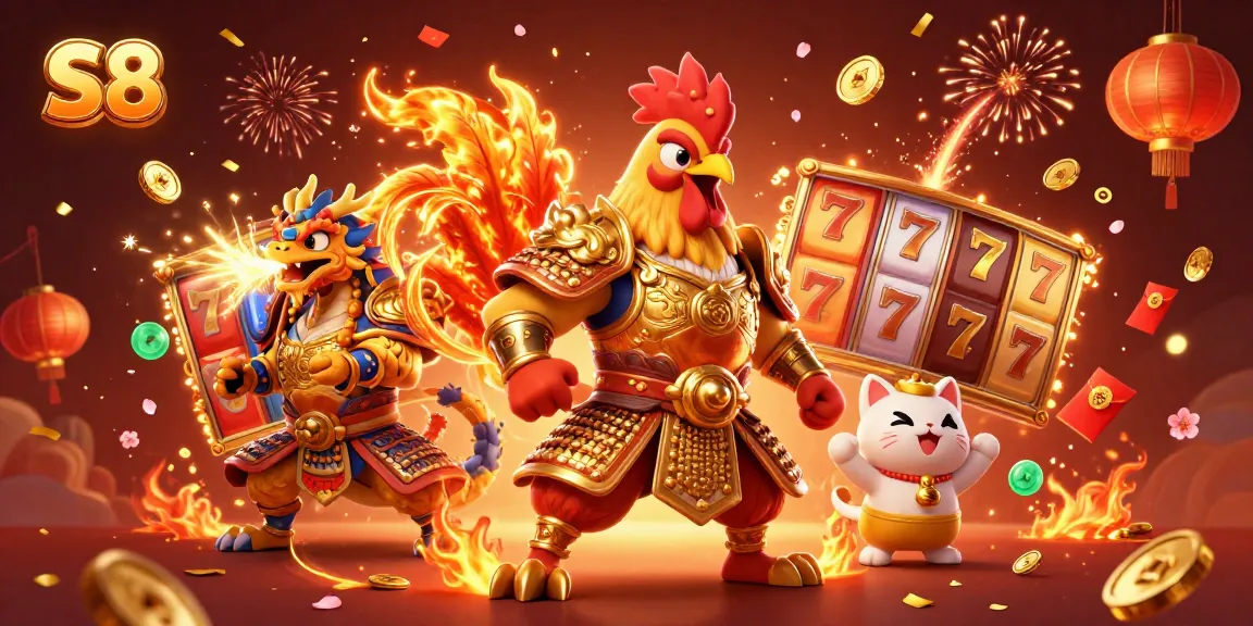 Engage with the thrilling world of S8 slots featuring a warrior rooster and dragon amidst vibrant casino elements.
