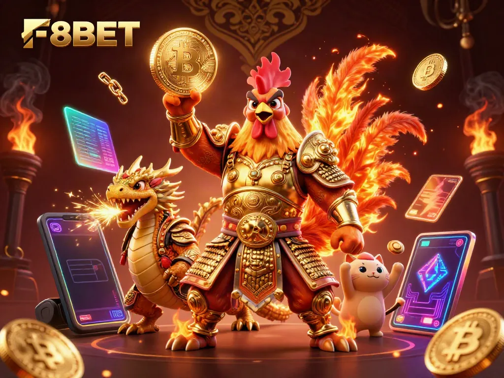 Join the exciting world of F8BET with a vibrant scene depicting a fighting rooster and dragon surrounded by cryptocurrency elements.