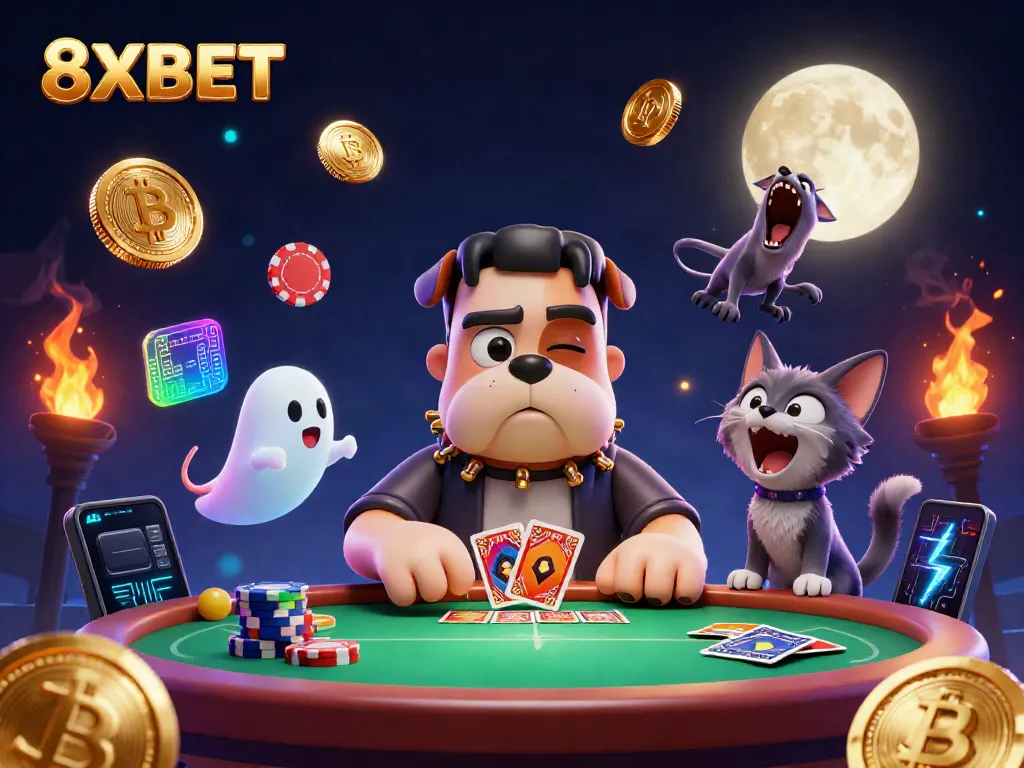 Experience thrilling gameplay with 8XBET at a spooky poker table featuring vibrant characters.