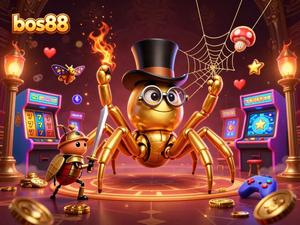 Engage with the thrilling world of bos88 as a golden tarantula weaves a casino web amidst colorful slot reels.