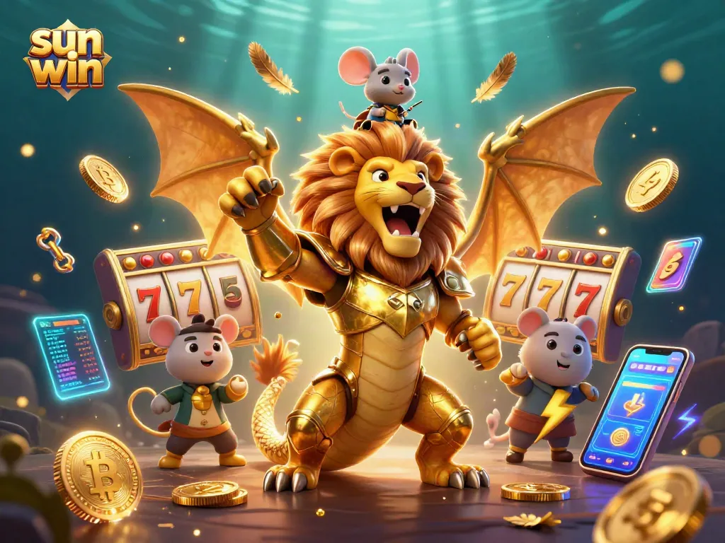 Win big with sun win as a golden chimera roars triumphantly surrounded by slot machines and cryptocurrency.