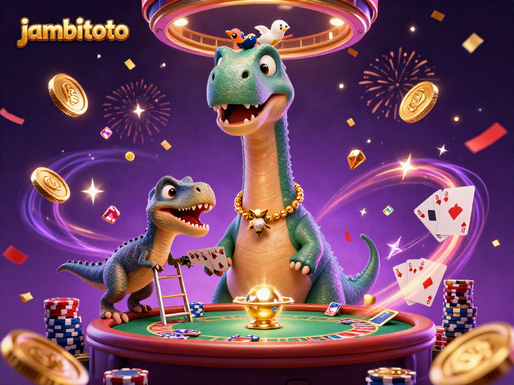 Experience thrilling wins with jambitoto in this dynamic casino scene featuring a playful brontosaurus.