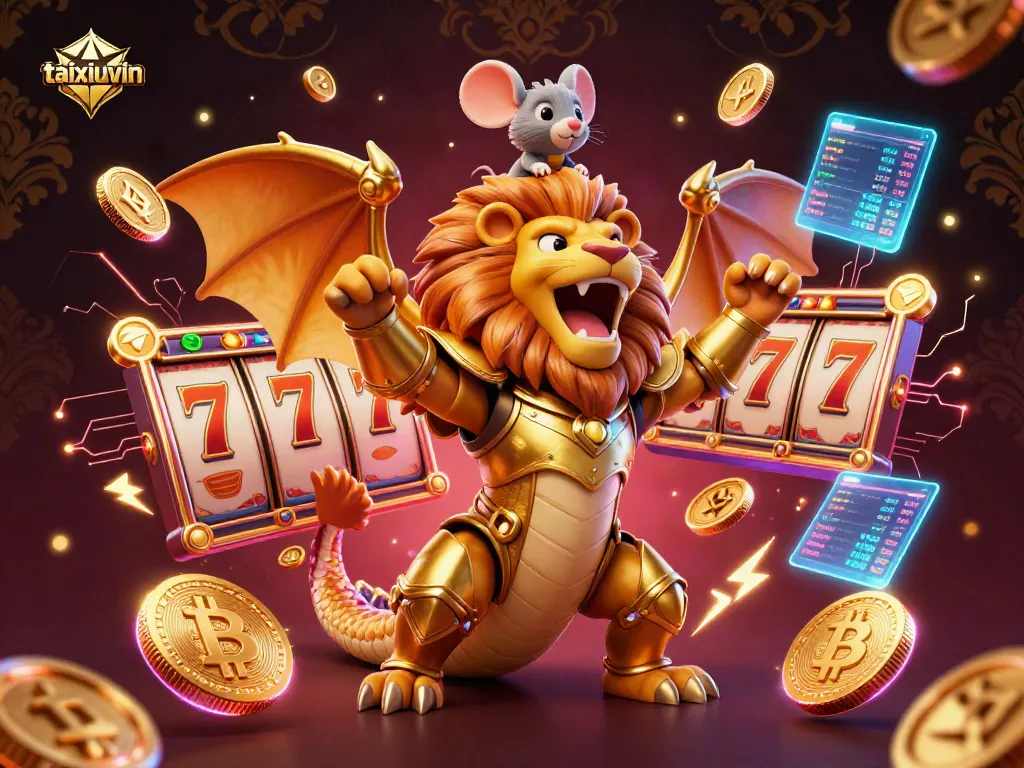 Engage with taixiuvin's thrilling slot experience featuring a chimera, coins, and gaming elements.