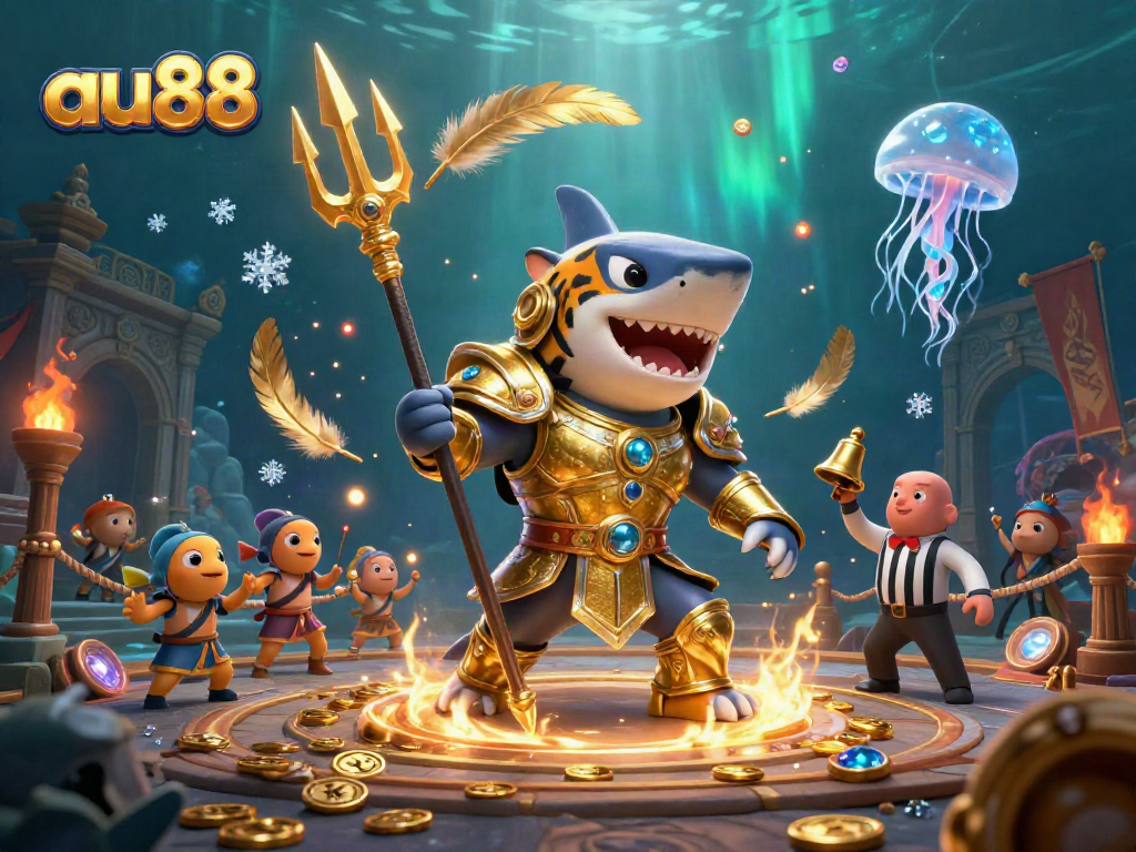 Experience thrilling gameplay at AU88 with a vibrant scene featuring an armored tiger shark, highlighting casino excitement.