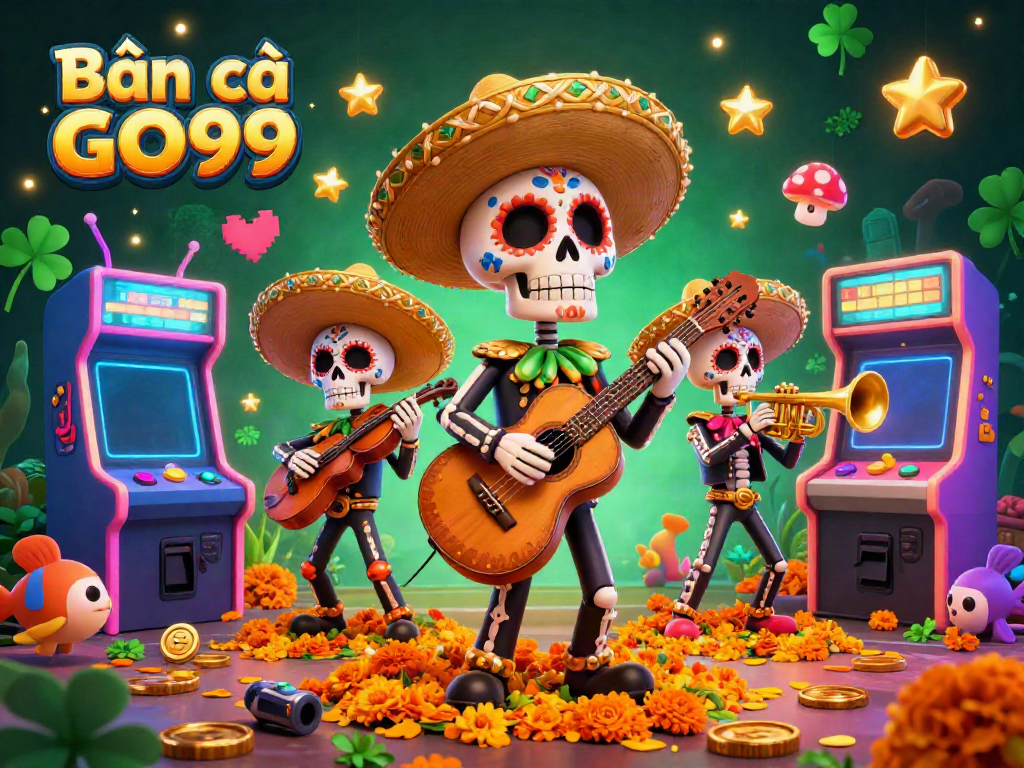 Engage in Bắn cá GO99 with a dynamic 3D illustration featuring skeleton mariachis amidst colorful game elements.