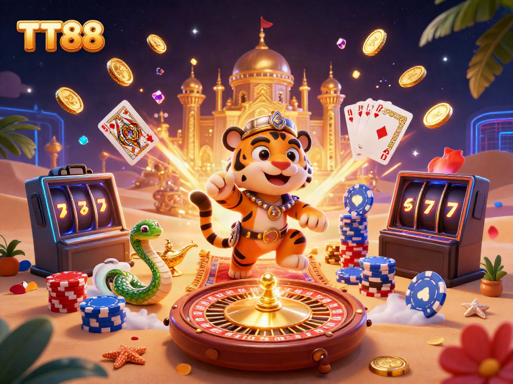 Experience the excitement of TT88 with vibrant casino elements and characters in a dynamic 3D scene.