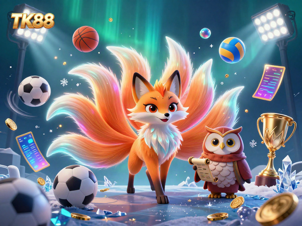 Experience the vibrant energy of TK88 with a floating nine-tailed fox, wise owl, and dynamic sports elements.