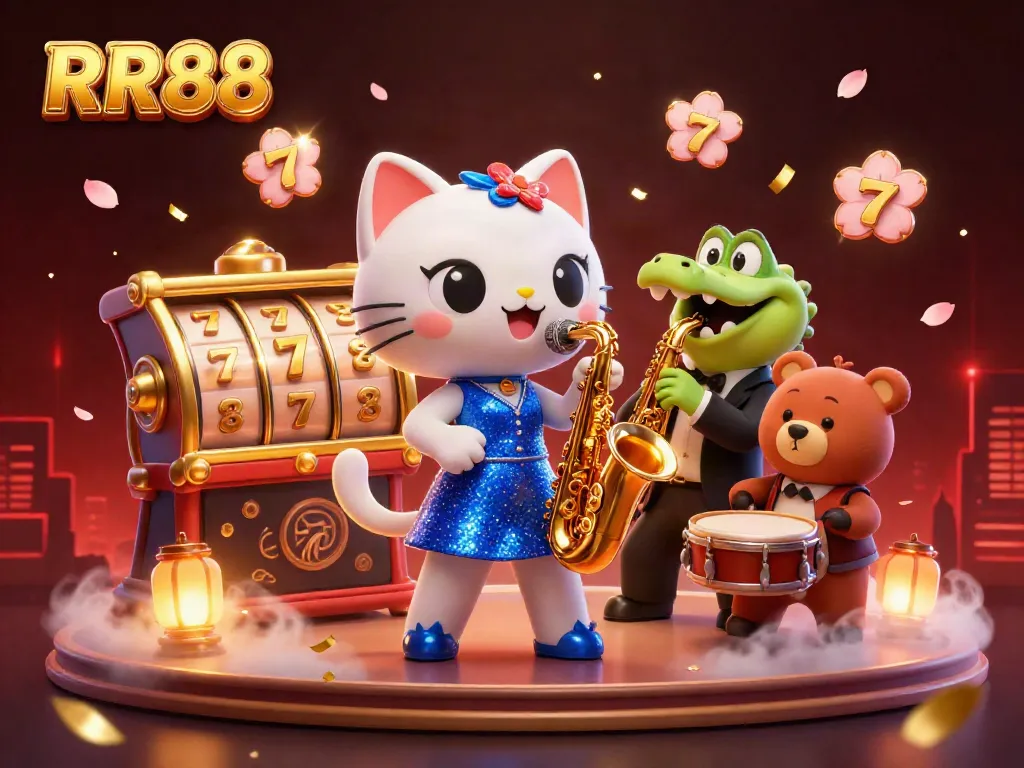 Experience the thrill of RR88 with animated characters performing alongside vibrant casino elements and slot machines.