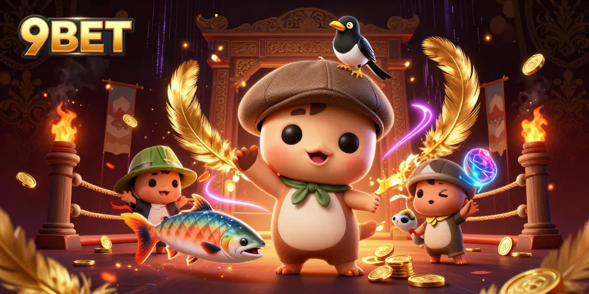 Engage with 9BET’s vibrant gaming scene featuring cartoon characters amidst casino action.